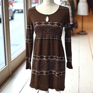 Y2K Speechless Brown Empire Indie Folk Rustic Southwest Mini Dress Long‎ Sleeve
